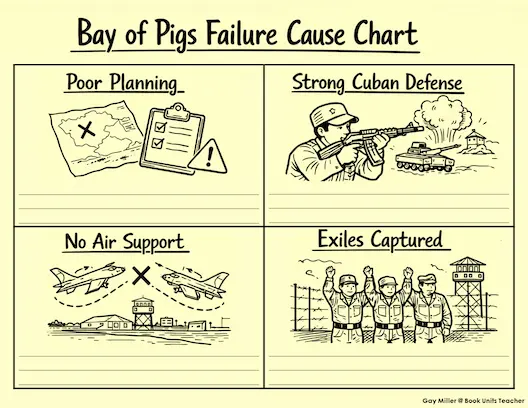 Student notebook page showing a four-box chart on why the Bay of Pigs failed