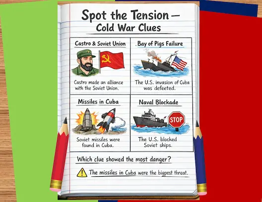 Student notebook page showing Cold War tension clues about Cuba and the United States