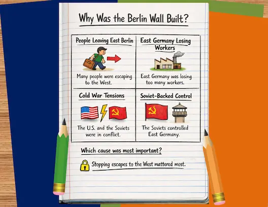 Student notebook page showing four causes for why the Berlin Wall was built