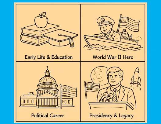 Four-quadrant coloring-book style icons showing John F. Kennedy’s life stages