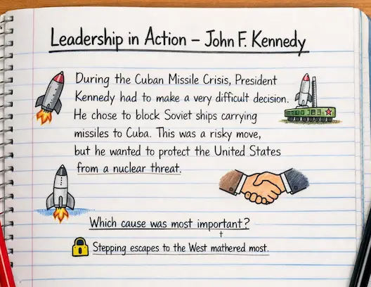 Student notebook page titled Leadership in Action — John F. Kennedy with paragraph and small sketches