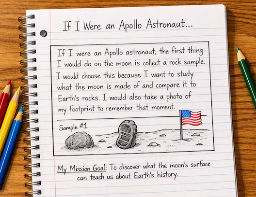 Student notebook page with reflection about being an Apollo astronaut