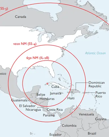 Map used in President John F. Kennedy to show location in Cuba of potential missile range