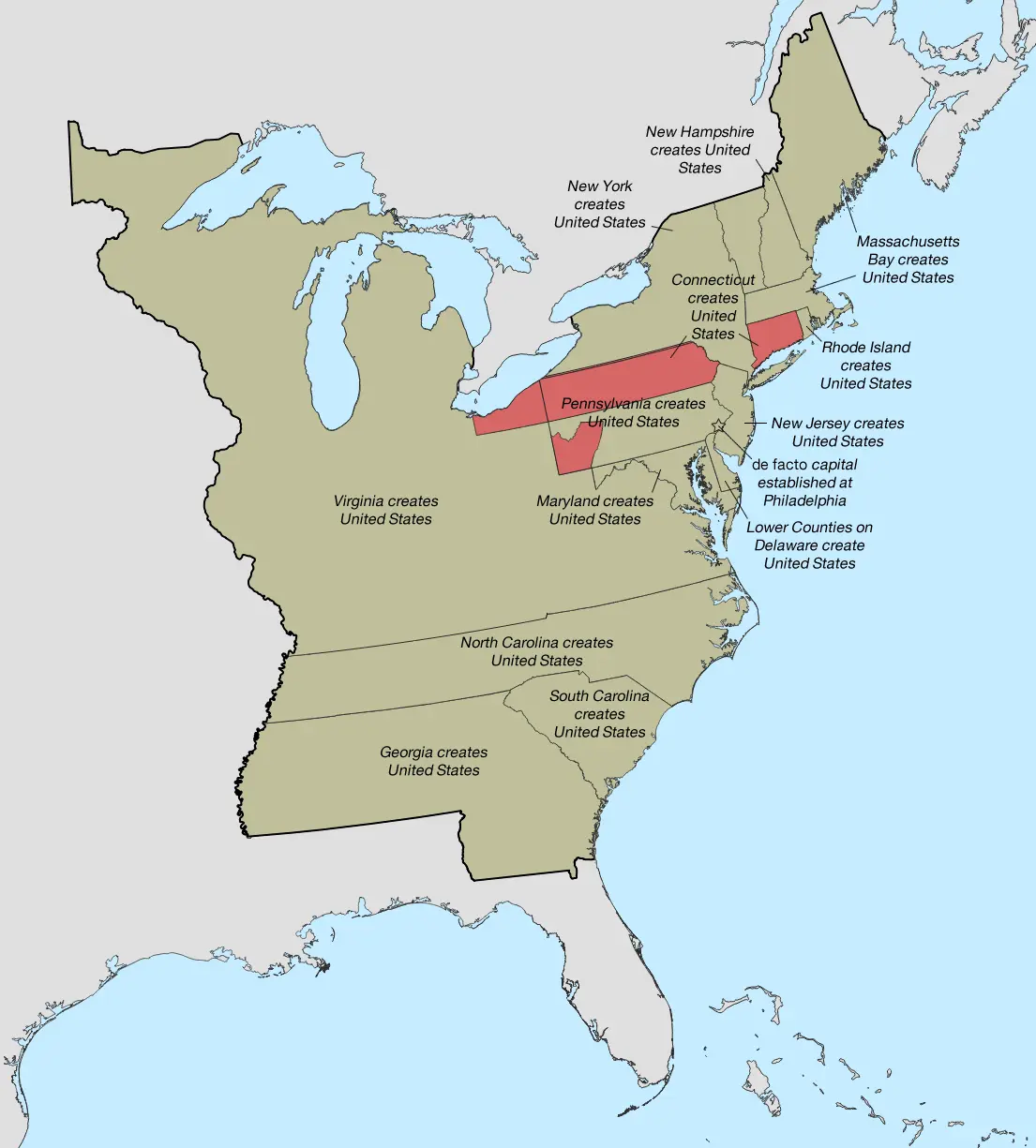 Map showing the thirteen colonies declaring independence