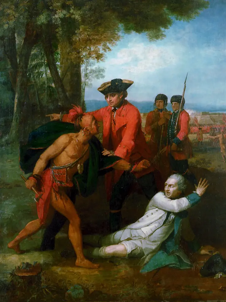 William Johnson saving the life of Baron Dieskau at the Battle of Lake George, 1755