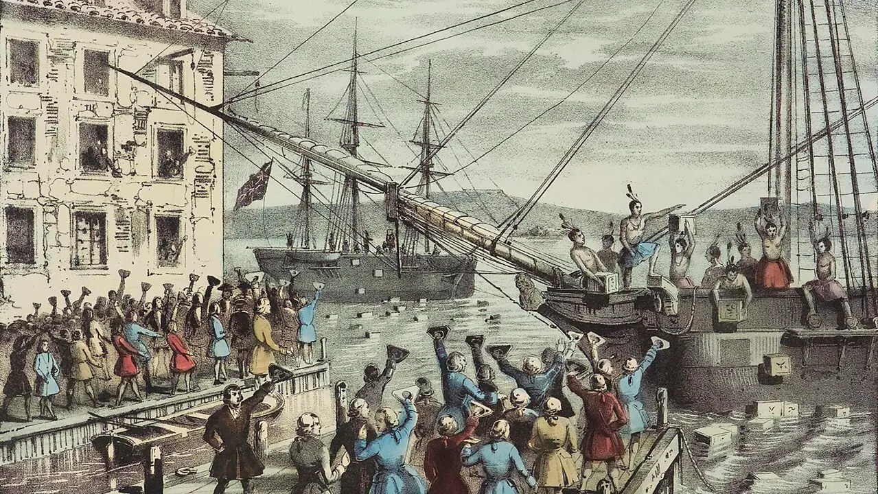 Colonists throwing tea chests into Boston Harbor during the Boston Tea Party
