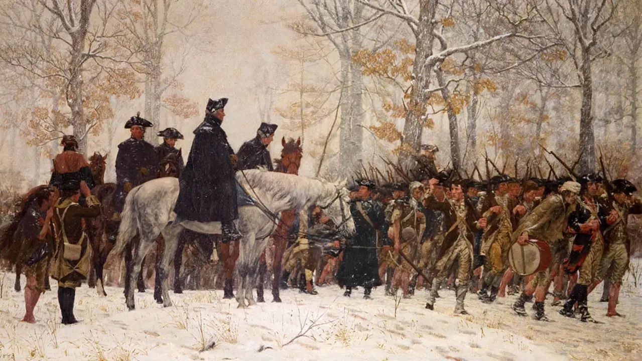 Washington and soldiers enduring winter at Valley Forge