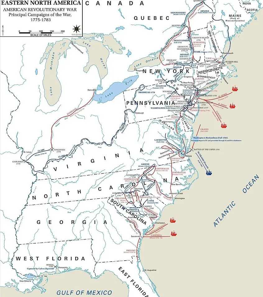 Map showing major Revolutionary War battle locations