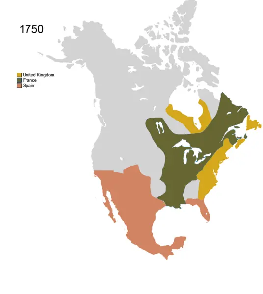 Map of North America showing British and French claims