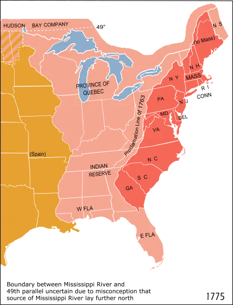 Map showing the thirteen colonies