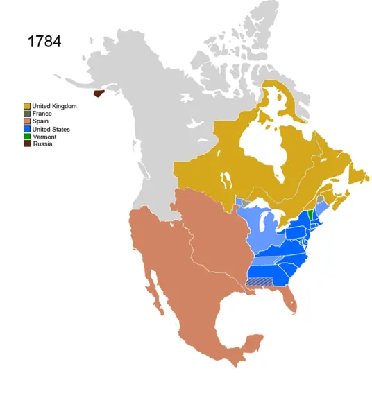 Map showing new borders of the United States after the Treaty of Paris