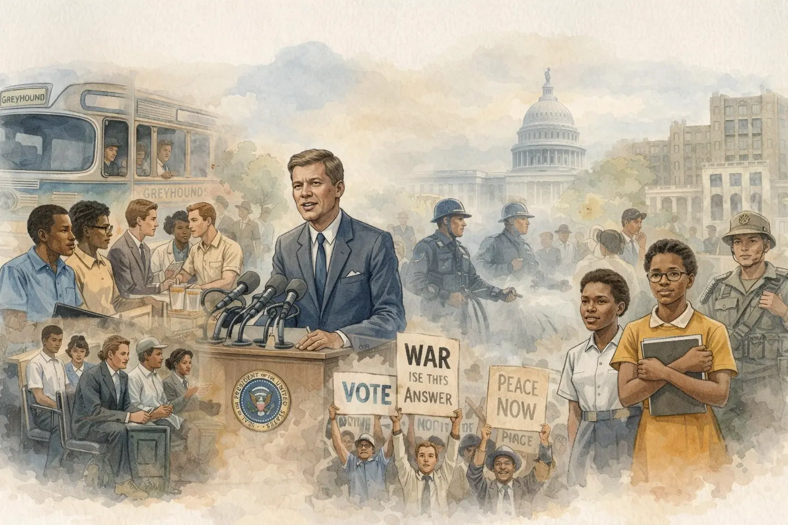 Watercolor-style illustration representing key moments of the Civil Rights Movement