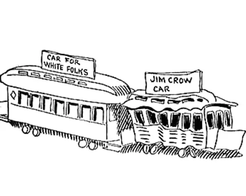 Cartoon showing two train cars labeled 'Jim Crow' and 'Whites Only'