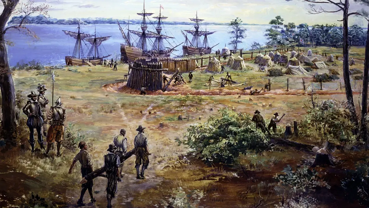 Historical painting of Jamestown settlers building the fort