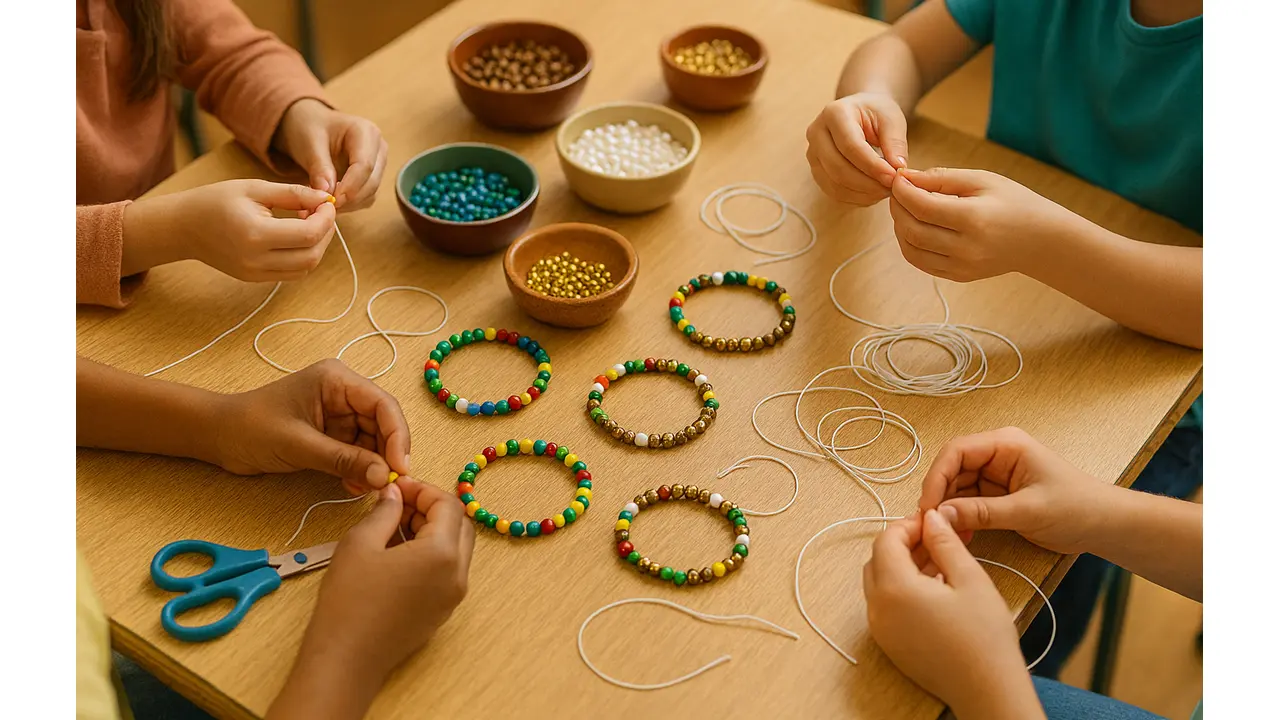 Students making Pocahontas story bracelets