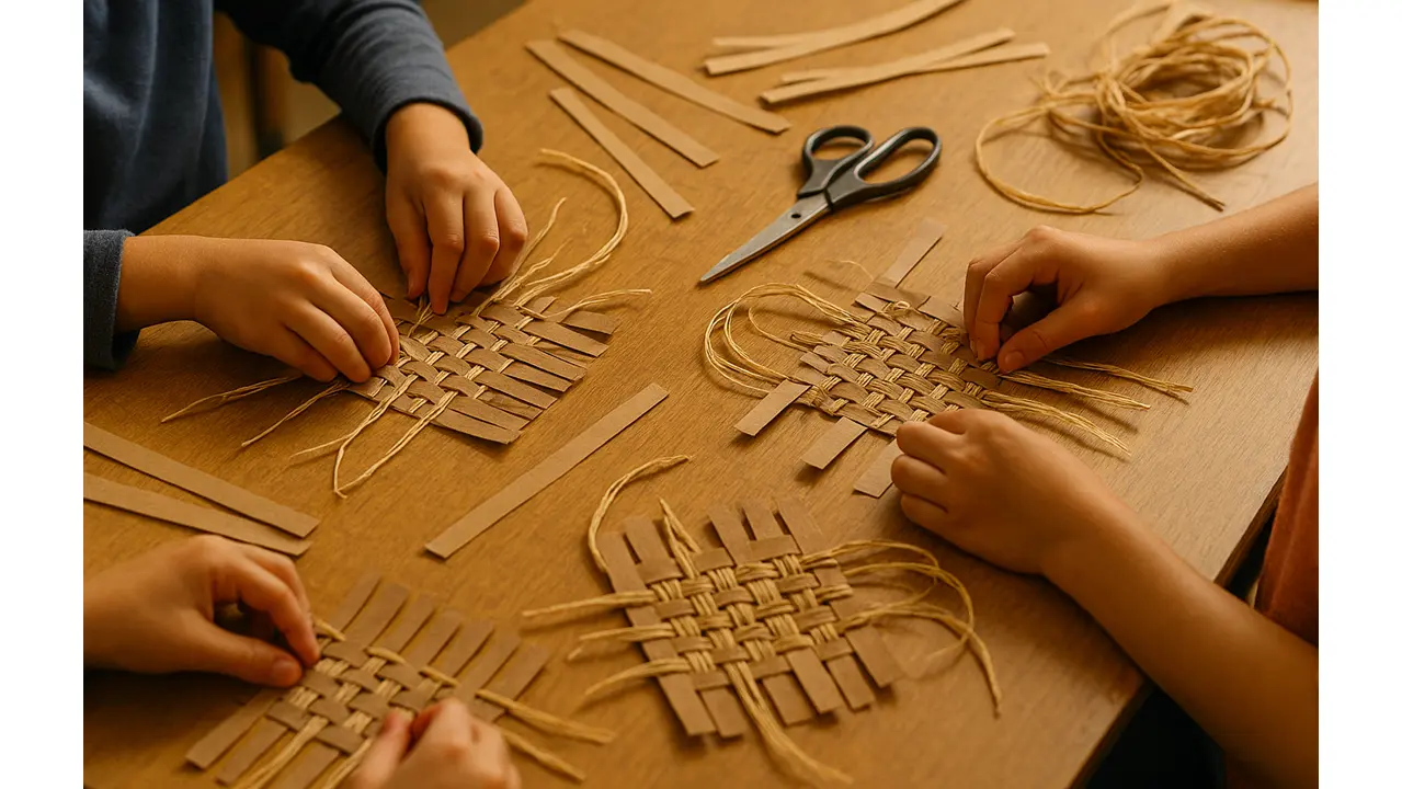 Students weaving Powhatan reed mats