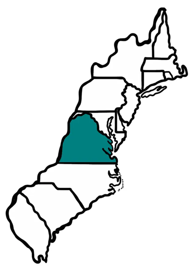 Map of Virginia with Jamestown highlighted