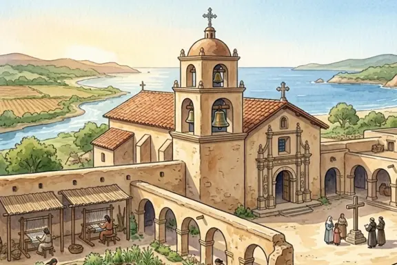Illustration showing Spanish missions, presidios, and pueblos in the Americas