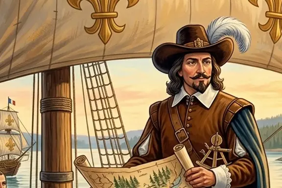 Map and illustrations showing major French explorers in North America