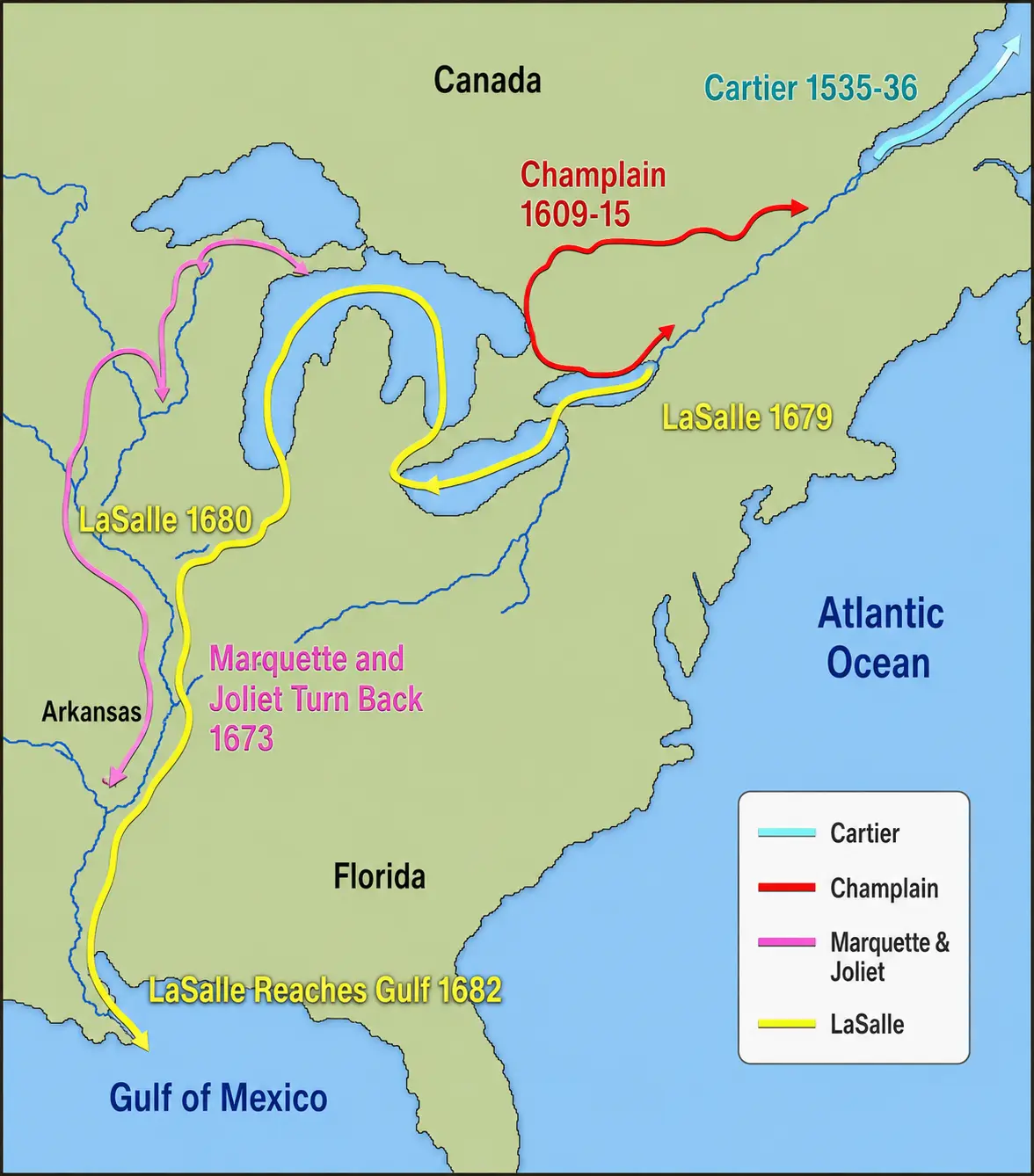 Map showing French exploration routes along the St. Lawrence River, Great Lakes, and Mississippi River