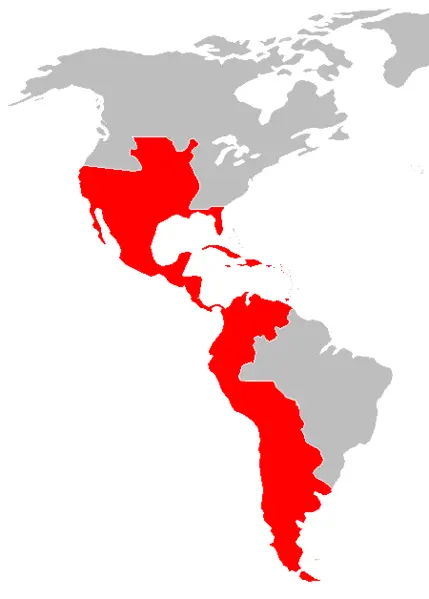 Map showing regions of early Spanish settlements in the Americas