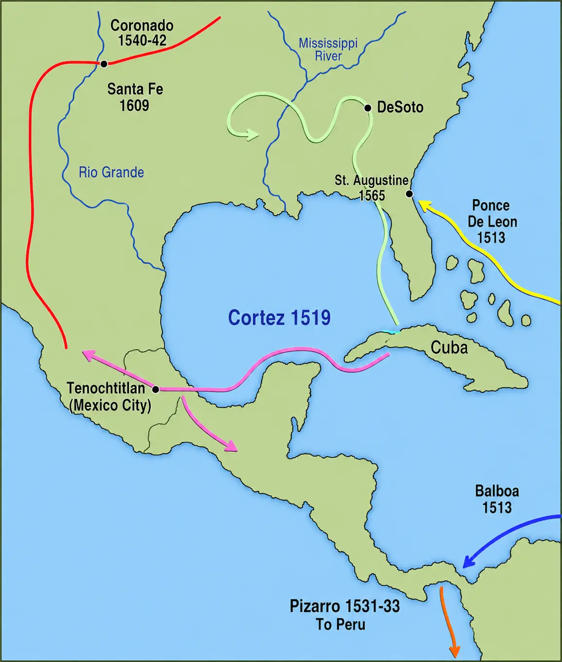 Map showing major routes of Spanish explorers in the Americas