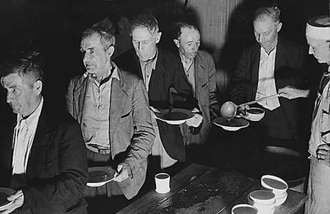 Soup kitchen line during the Great Depression