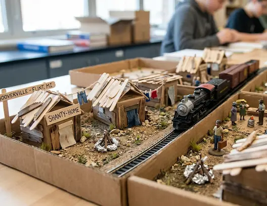 Students building a collaborative Hooverville shantytown diorama