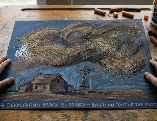 Chalk and sand texture artwork of a Dust Bowl storm
