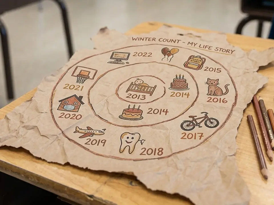 a student winter count drawn in a spiral on a crumpled brown paper bag