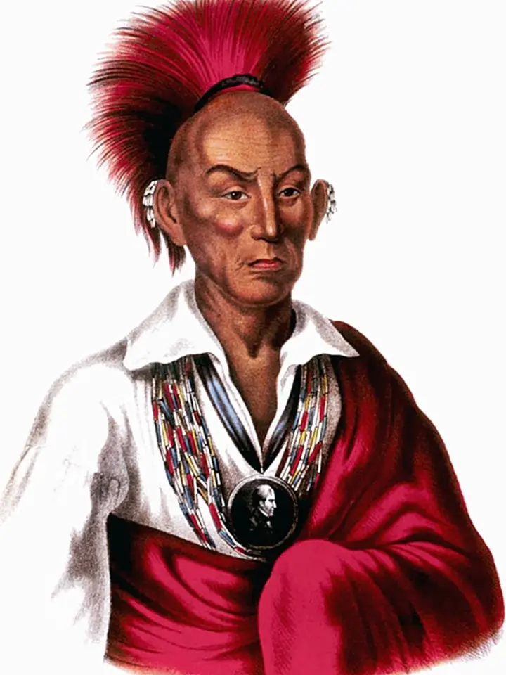 Black Hawk wearing a red roach headdress, painted by Charles Bird King in 1837
