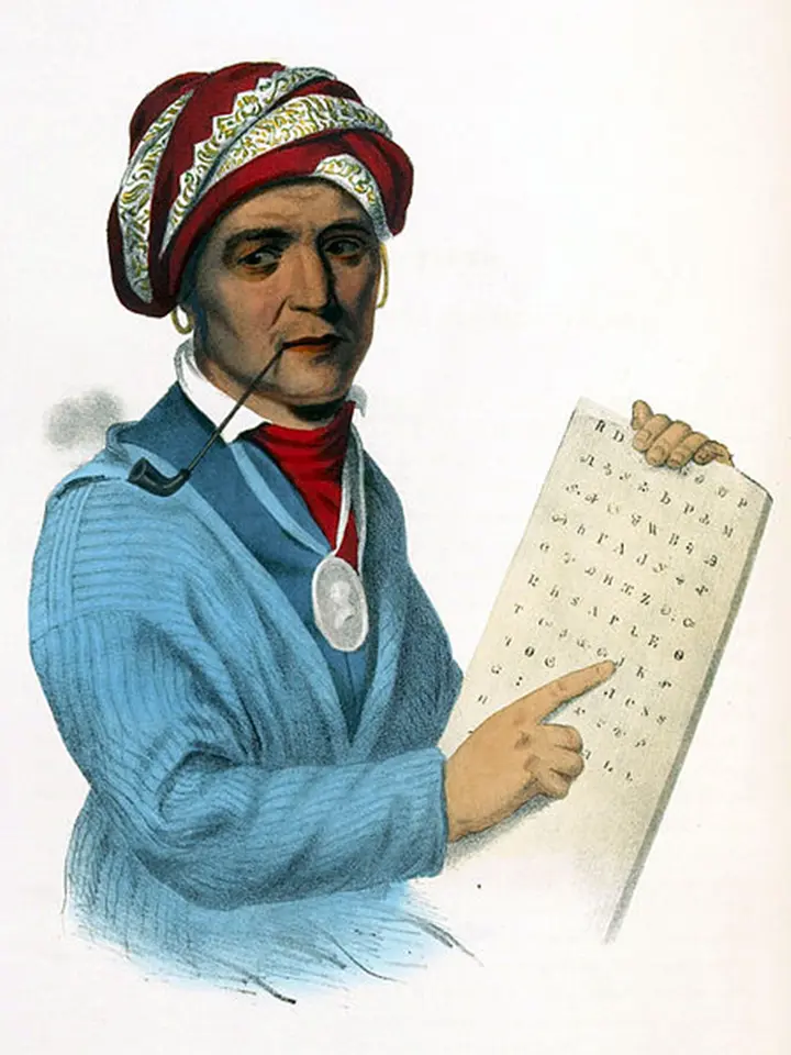 Sequoyah holding his Cherokee syllabary