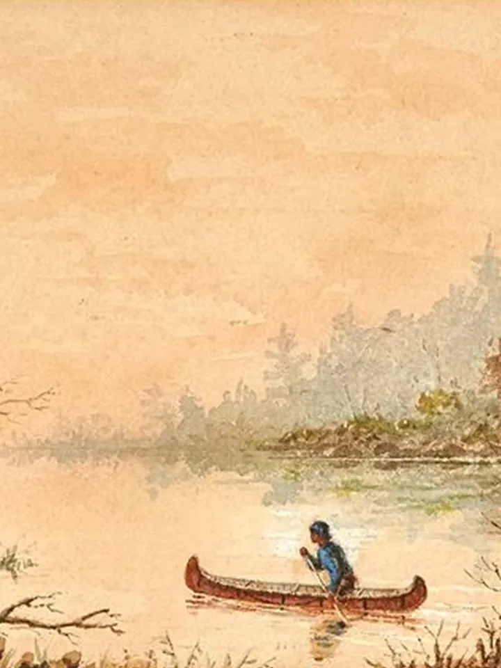 Painting of a person paddling a birchbark canoe on a misty lake