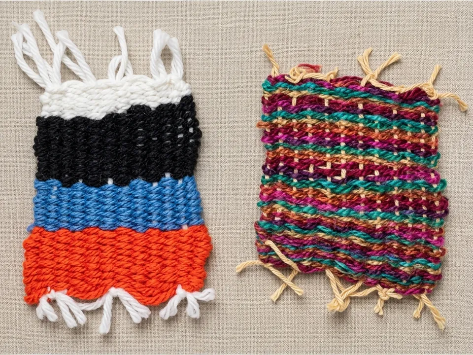Two small student weavings with stripes of yarn