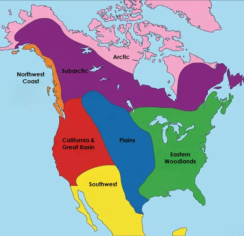 Map of North America showing six Native American culture regions: Inuit (Arctic), Northwest Coast, California, Plains, Southwest, and Eastern Woodland