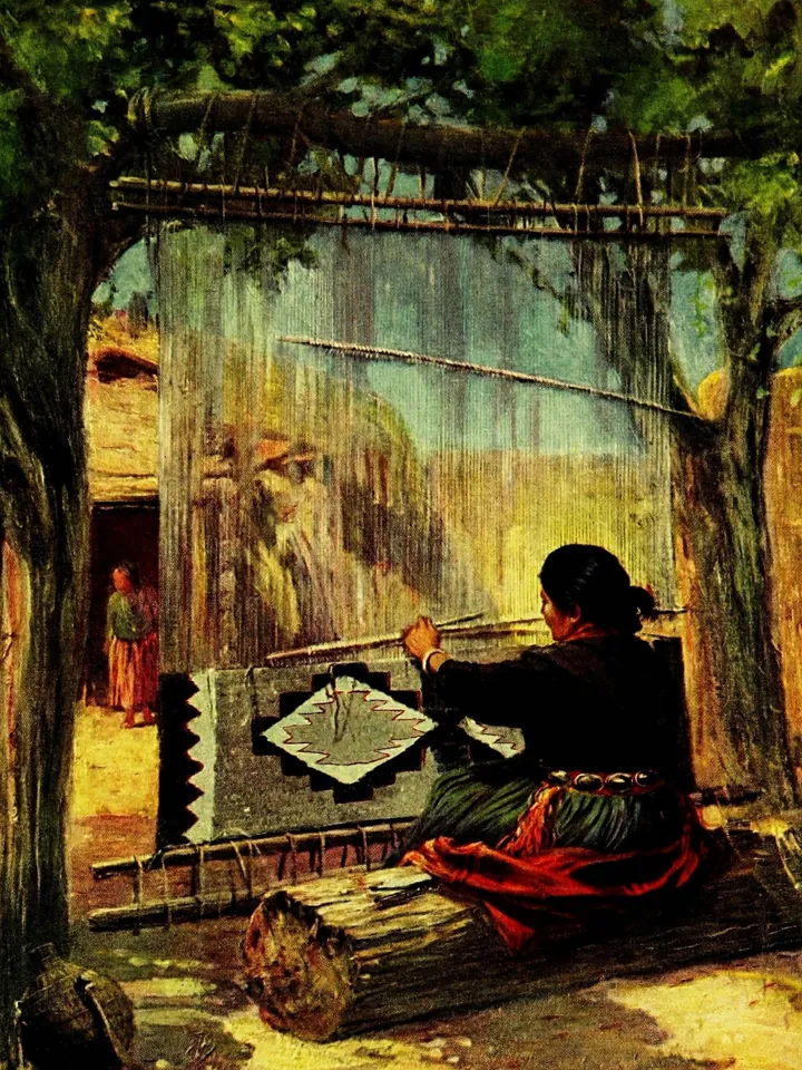 A painting of a Navajo weaver at an outdoor loom
