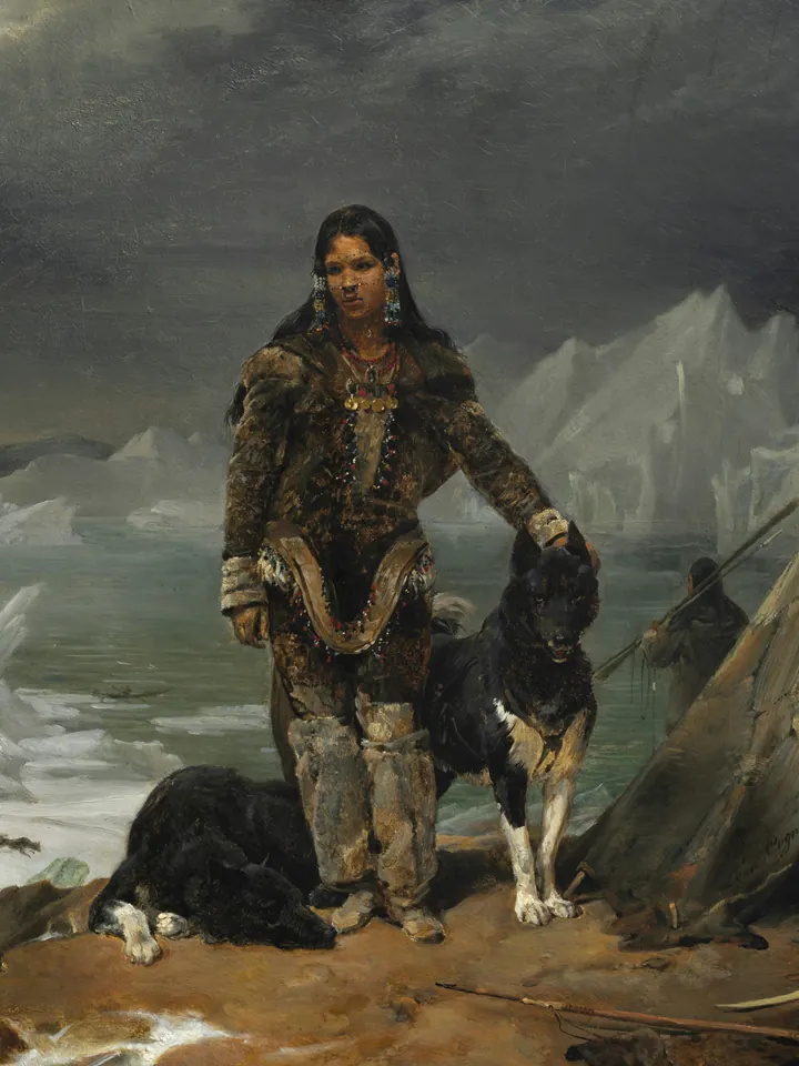 Painting of a woman in fur clothing standing with two dogs in front of icy mountains