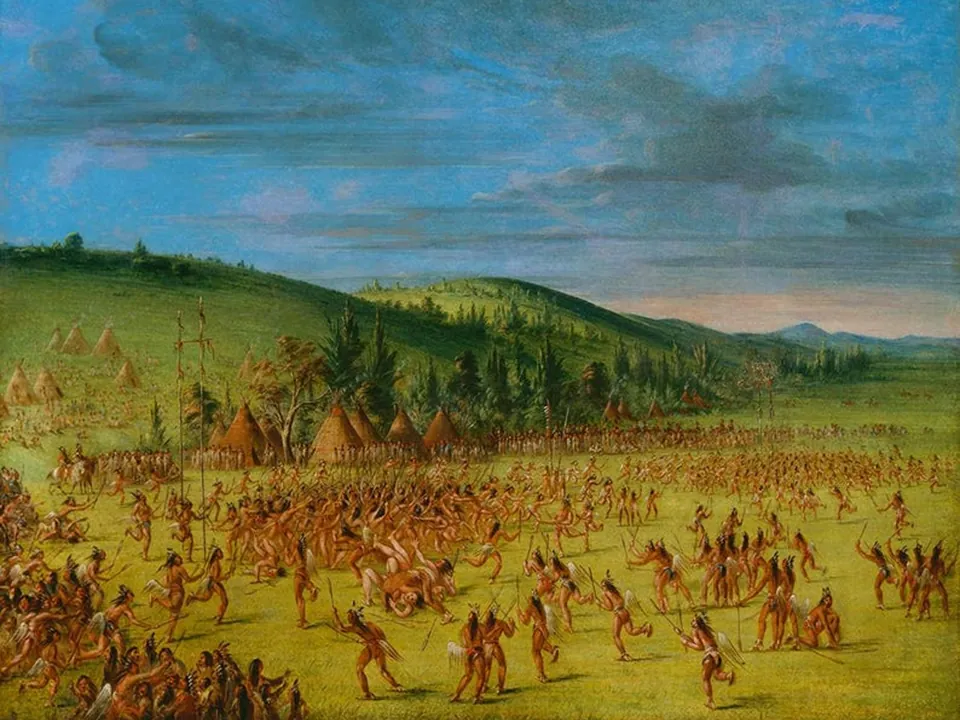 A painting of hundreds of players in a ball game on a grassy field