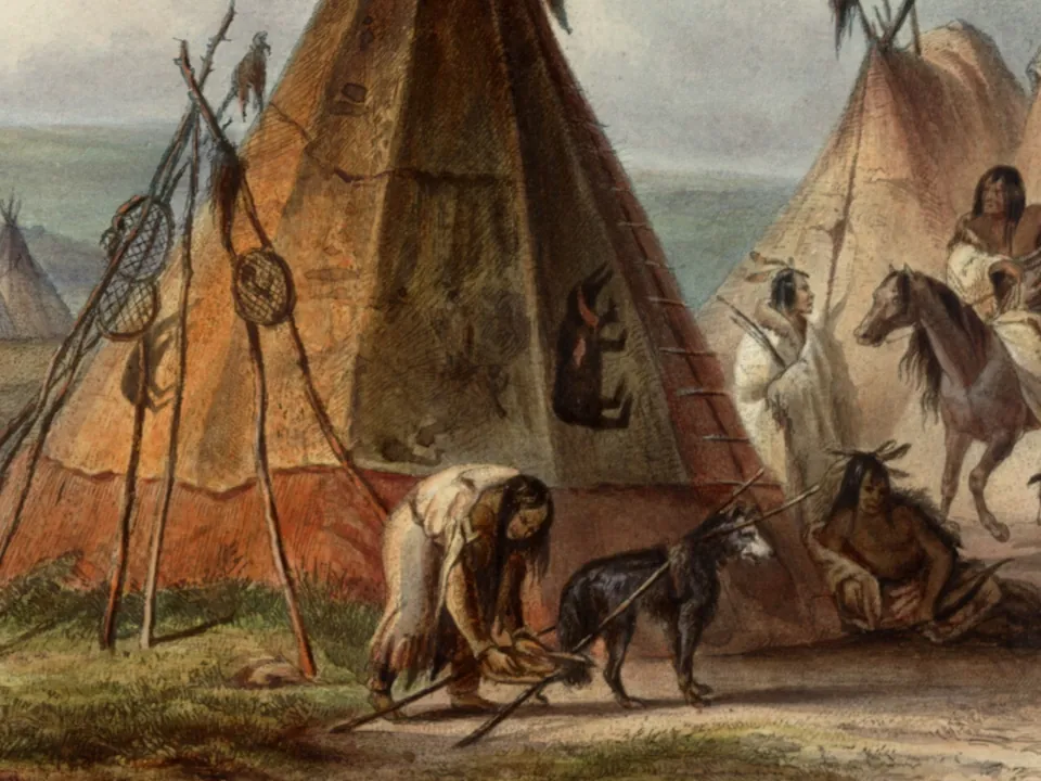 Painting of a woman tying a travois to a dog in front of painted tipis