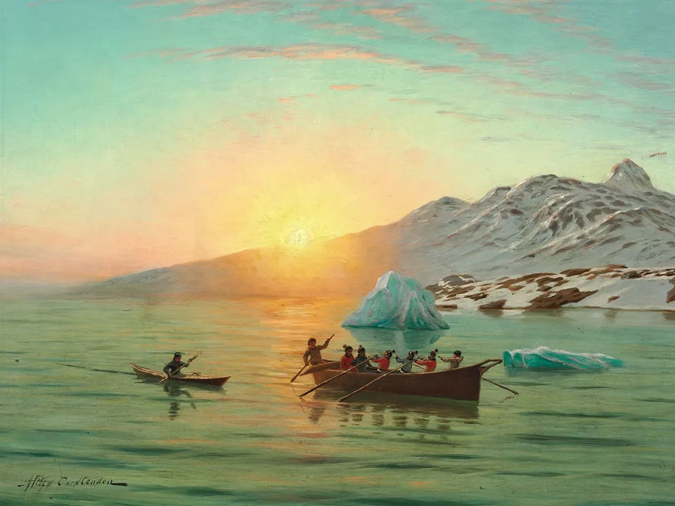 Painting of a kayak and a large open boat on calm water among icebergs at sunset