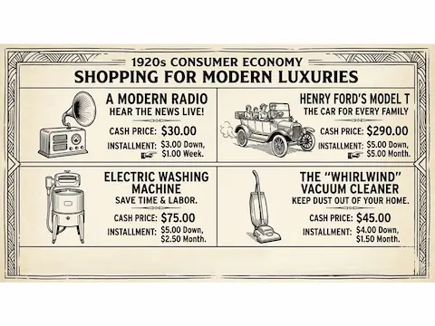 Students budgeting with 1920s installment plans and store catalogs
