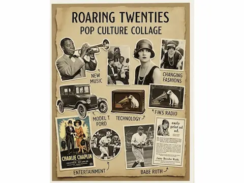 Roaring Twenties cultural collage featuring jazz, flappers, and inventions