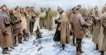 Illustration of British and German soldiers meeting peacefully during the Christmas Truce of 1914