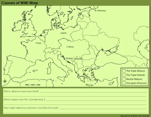 Student-style sketch of a Europe map with countries lightly colored to show alliances in World War I