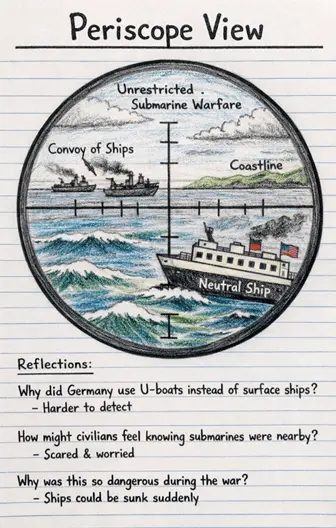 Notebook-style sketch of a U-boat periscope view showing a ship silhouette on the horizon
