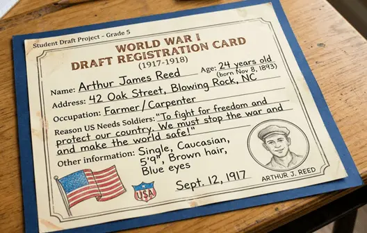 Notebook-style sketch of a simple WWI draft registration card with blank fields