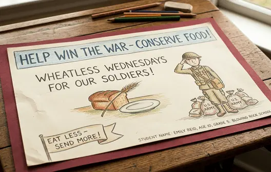 Colored-pencil example of a small poster encouraging food conservation during World War I