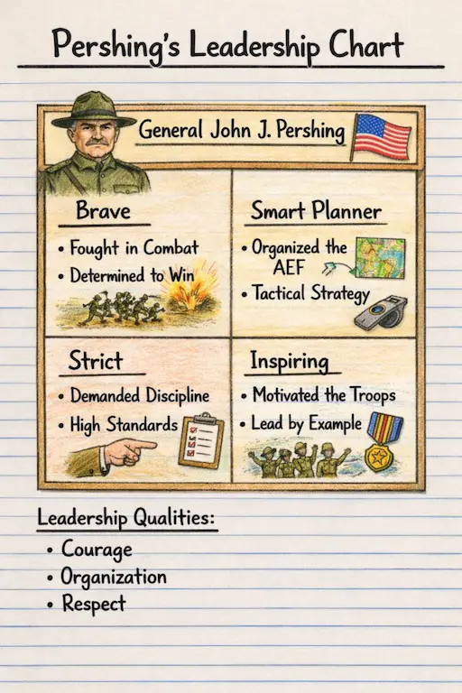 Notebook-style sketch of a simple three-box chart showing Pershing's leadership qualities