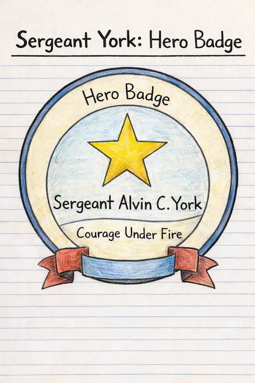 Colored-pencil example of a circular hero badge with Sergeant York's name and simple symbols