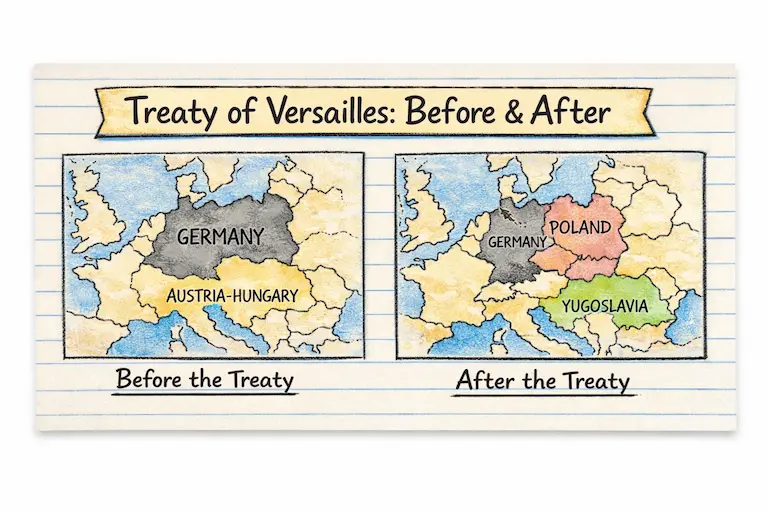 Notebook-style sketch showing a simple before-and-after map of Europe highlighting new nations created by the Treaty of Versailles